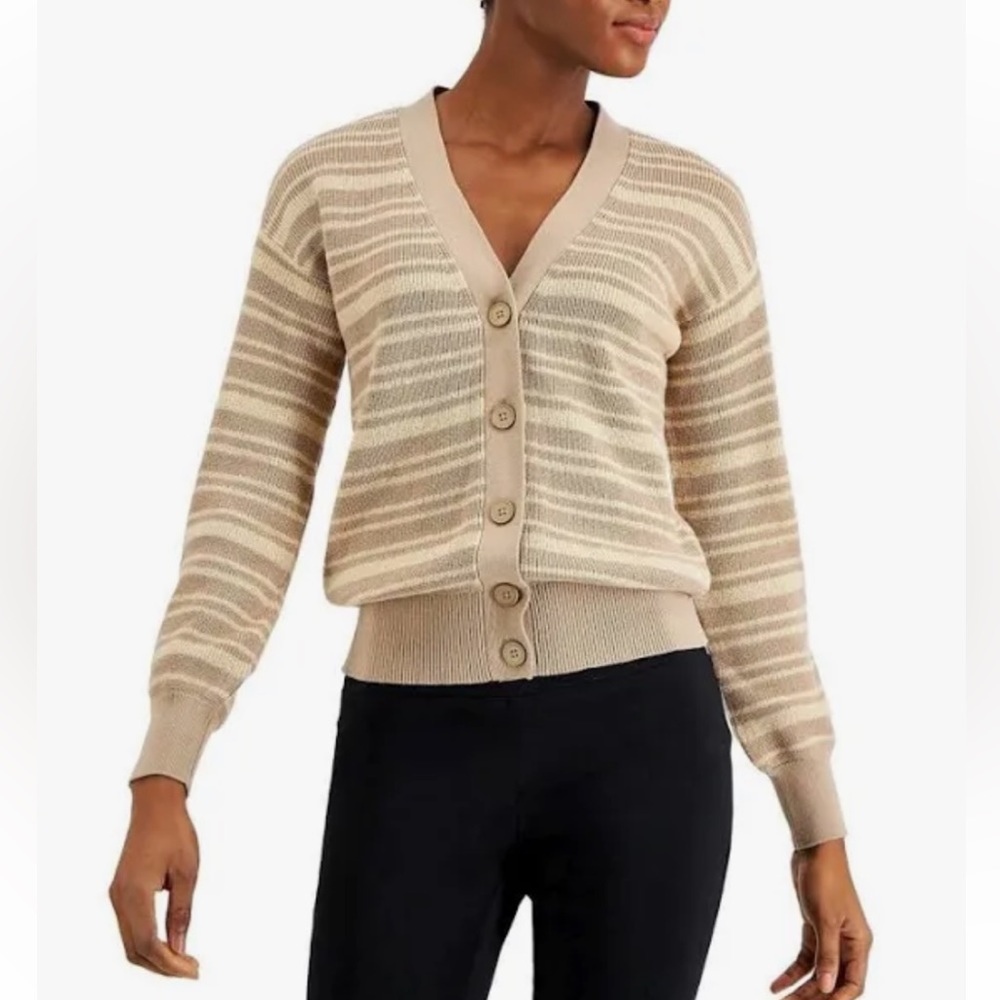 NWT Alfani Fuzzy Almond Colored Striped Cardigan Button Front Size XL